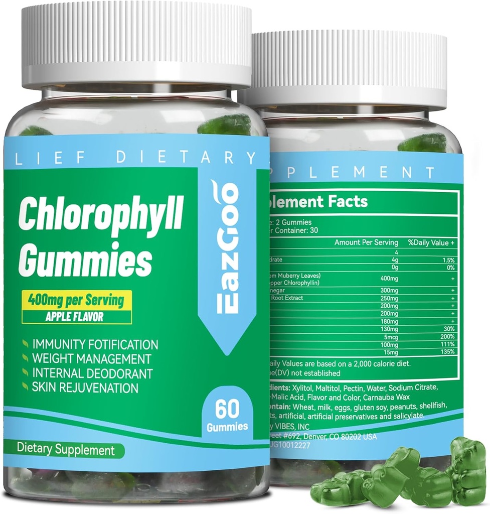 Gummies de clorofila libre de azúcar, vitamina B12 Zinc - Desodorante natural*, soporta la piel sana " Detox corporal*, Immune " Apoyo a la digestión, Chewable Chlorophyll Suplemento para las mujeres - 60 Cuenta