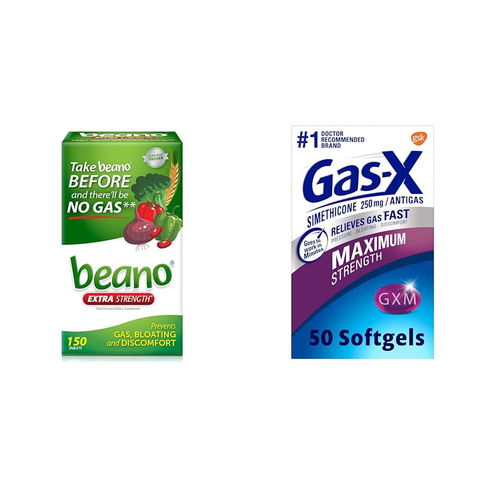 Beano Food Enzyme Suplemento dietético ← Ayuda Digest Gas-Causing Foods  150 Tablets &amp; Gas-X Maximum Strength Gas Relief Softgels with Simethicone 250 mg for Bloating Relief - 50 Conde