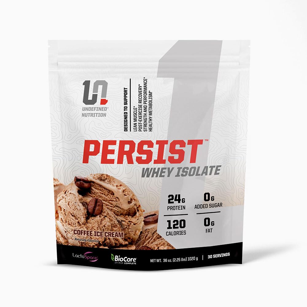 Nutrición indefinida Persist Whey Isolate by Brian Shaw - 24g Protein, 30 Servings – Supports Recovery, Strength & Performance - Gluten Free, Fast Absorbing (2.18lbs, Coffee Ice Cream)