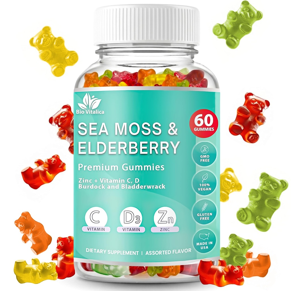BIO VITALICA Sea Moss Gummies Elderberry BioVitalica - Vitamina C D + Zinc - Irish Seamoss Vegan Gummy with Sea Moss Gel & Powder for Immunity, Detox - para adultos y niños