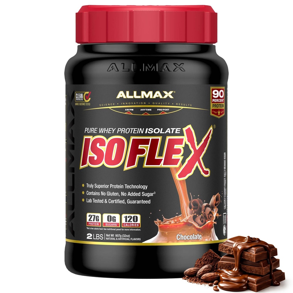 ALLMAX ISOFLEX Whey Protein Isolate, Chocolate - 2 lb - 27 Gramos de Protein Por Scoop - Zero Fat & Sugar - 99% Lactose Gratis - Gluten Free &amp; Soy Free - Aprox. 30 Serviciones