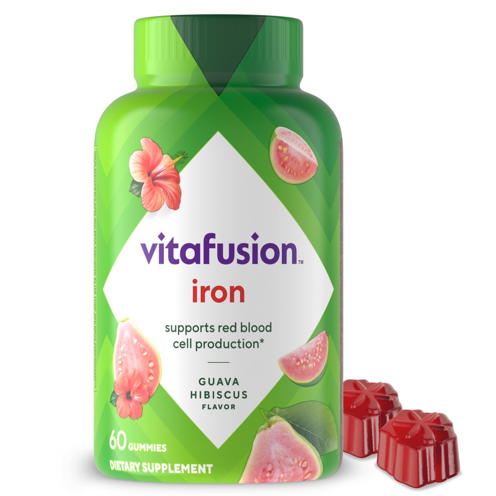 Vitafusion Iron Gummy Suplemento de vitamina, apoya la producción de células rojas de sangre*, Guava Hibiscus Flavor, 30 Servimientos, 60 Cuenta
