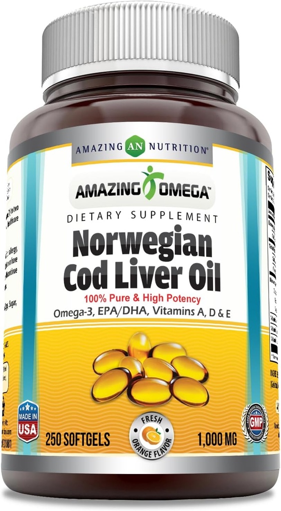 Increíble Omega Norwegian Cod Liver Oil 1000 Mg Softgels Suplemento Ø Omega-3, EPA, DHA, Vitamina A, D & Vitamina E (Orange  durable 250 Conde)