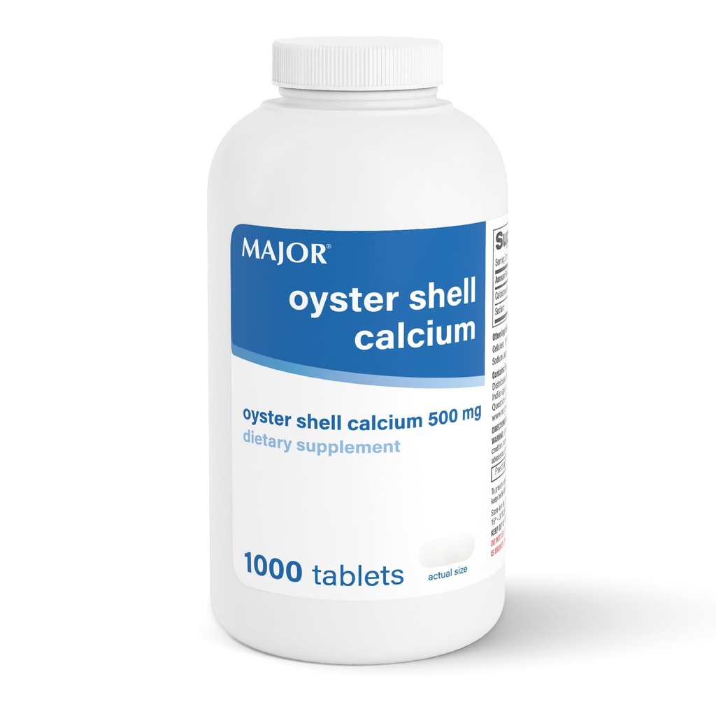 MAJOR Oyster Shell Calcium 500mg - Suplemento dietético diario para la salud ósea y el apoyo conjunto, Suplemento mineral para hombres y mujeres, sin gluten - 1000 Tabletas (1 Pack)