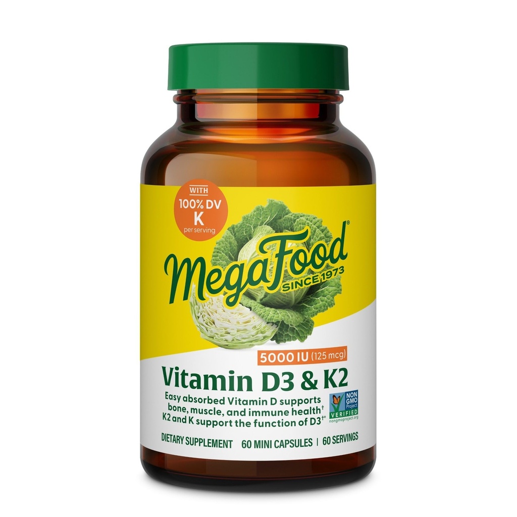 MegaFood Vitamina D3 5000 UI (125 mcg) - Suplementos Vegetarianos con Vitamina D3 K2 - Soportes Huesos, Dientes, Musculos & Immune Health - Certified Non-GMO - 60 Mini Capsules, 60 Servimientos