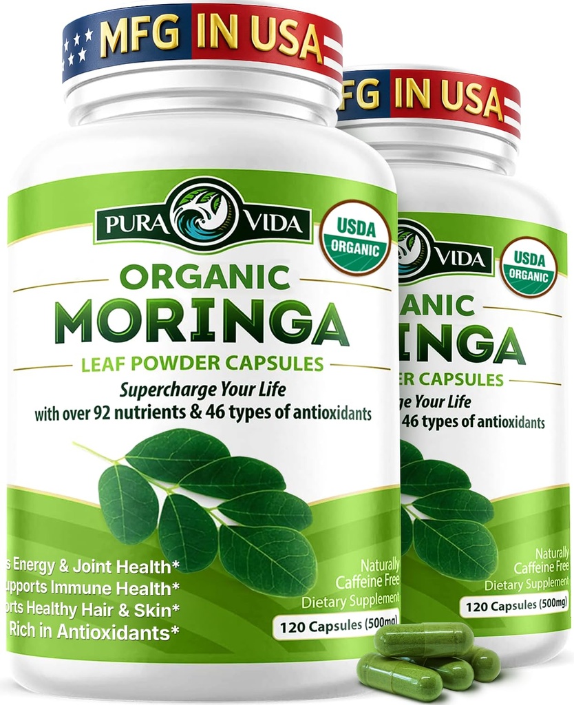 PURA VIDA MORINGA Capsules Single Origin Organic Moringa Powder. Moringa Leaf. Energía, Metabolismo, &amp; Apoyo Inmunitario. 120ct. 500mg Caps. (Pack of 2)