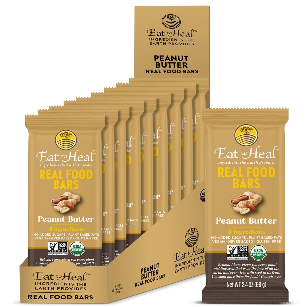 EatToHeal Peanut Butter Real Food Bar - Organic Vegan Healthy High Protein Bares - Reemplazo de carne baja de azúcar, no GMO, nunca horneado, basado en plantas, sin gluten - preparado para disfrutar, no sentarse en las estanterías