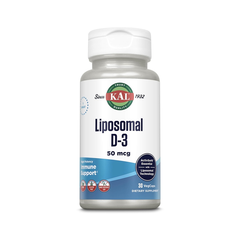 Vitamina Liposómica KAL D3 50 mcg, Alta Absorción Vitamina D, Tecnología Liposomal, Soporte Inmunitario de alta potencia, cápsulas veganos, libre de gluten, No soy, 30 Actuaciones