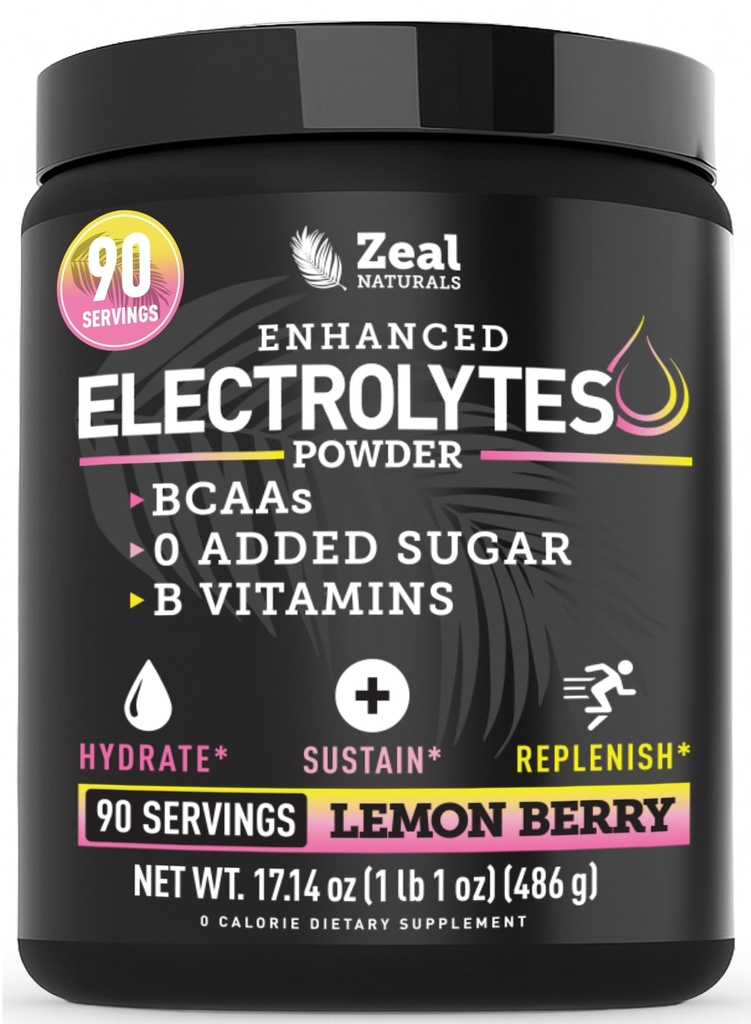 Zeal Electrolyte Powder - 90 Servings ← Keto Electrolytes Powder ¦ Zero Sugar, BCAAs, B-Vitamins ANTE Potassium, Zinc, Magnesium ← Hydration Powder Recovery Drink ← Lemon Berry