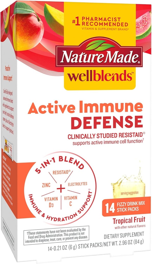 Nature Made Wellblends Active Immune Defense Fizzy Drink Mix, ResistAid, Vitamina C 500mg, Vitamina D 1000 IU, Zinc y Electrolytes Powder, 14 Stick Packs