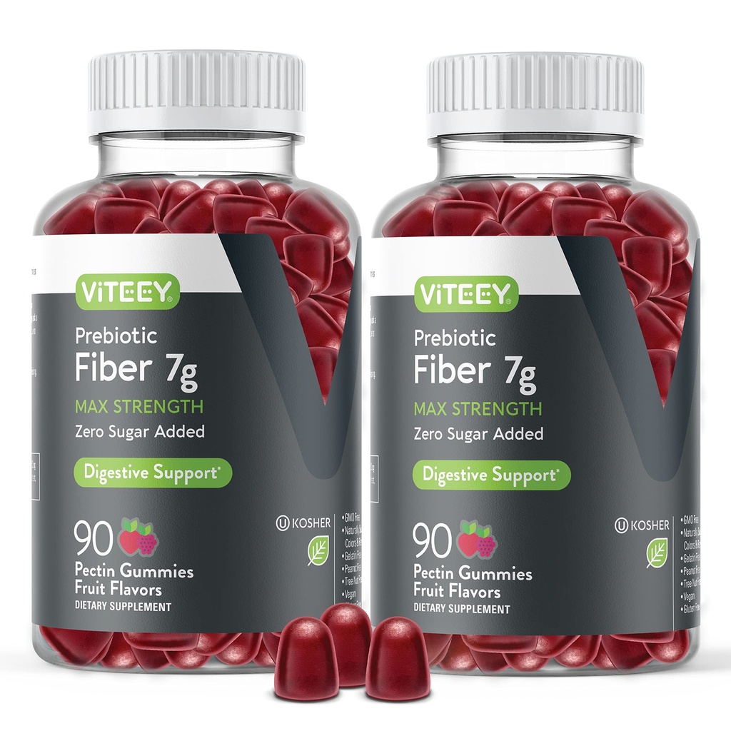 VITEEY Prebiotic Fiber Gummies for Adults, 7g - Gut Health & Digestive Soluble Fiber Supplement Gummies - Zero Sugar Añadido, Vegan, Gluten-Free - 180 Count
