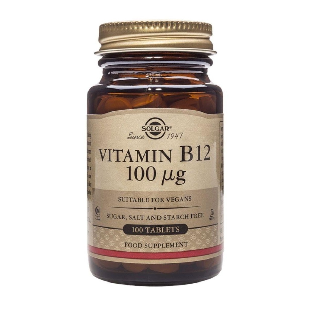 Solgar Vitamina B12 100 mcg - 100 Tabletas - Energía Metabolismo & Nervous System Support - Non-GMO, Vegan, Gluten " Dairy Free, Kosher, Halal - 100 Servings