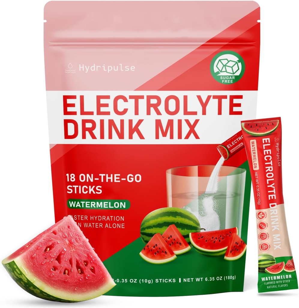 Empaquetaduras de polvo de electrolitos - azúcar libre, naturalmente saboreado, 10 electrolitos & vitaminas Electrolyte Drink Mix - Watermelon Flavors, Keto Friendly, Vegan, Non- GMO, 18 Packets