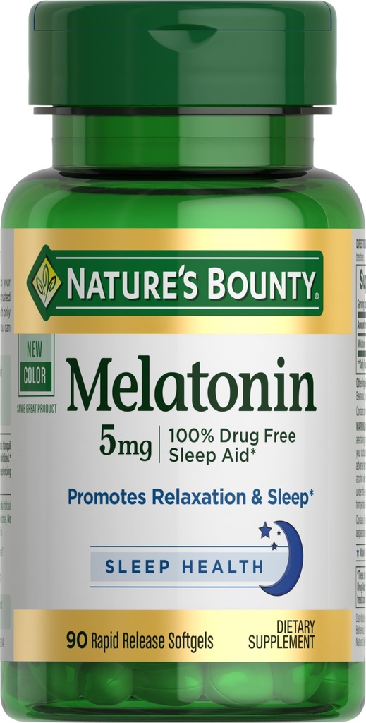 Bounty Melatonin, 100% Drug Free Sleep Aid, Dietary Supplement, Promotes Relaxation and Sleep Health, 5mg, 90 Softgels (Pack of 1)