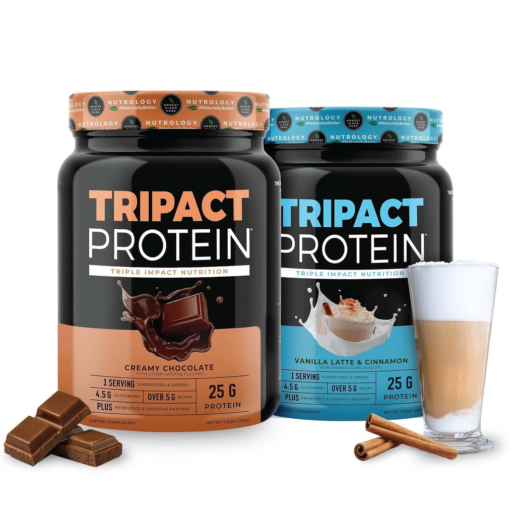 Nutrology TRIPACT Protein - Premium Nutrition Shake - Non-GMO Grass Fed Whey Protein,Plant Proteins,Greens,Superfood &amp; Probiotics - 5g BCAAs - Creamy Chocolate &amp; VanillaLatte w/Cinnamon 1.5lb Cada uno