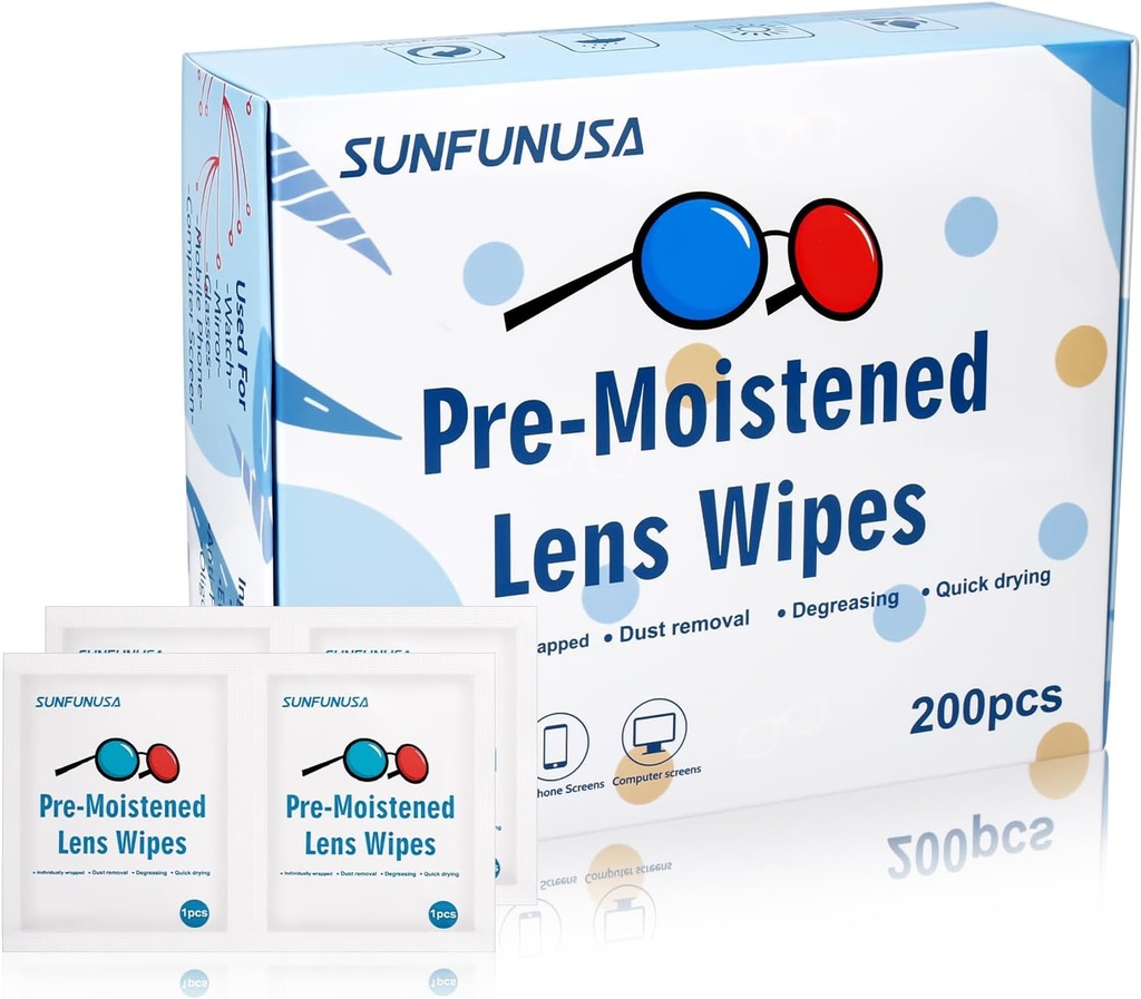 200 Condes Lens Cleaning Wipes-Pre-Moistened Individualmente Wrapped Eyeglass Wipes Optical Screen Cleaner Streak Free Fast Drying