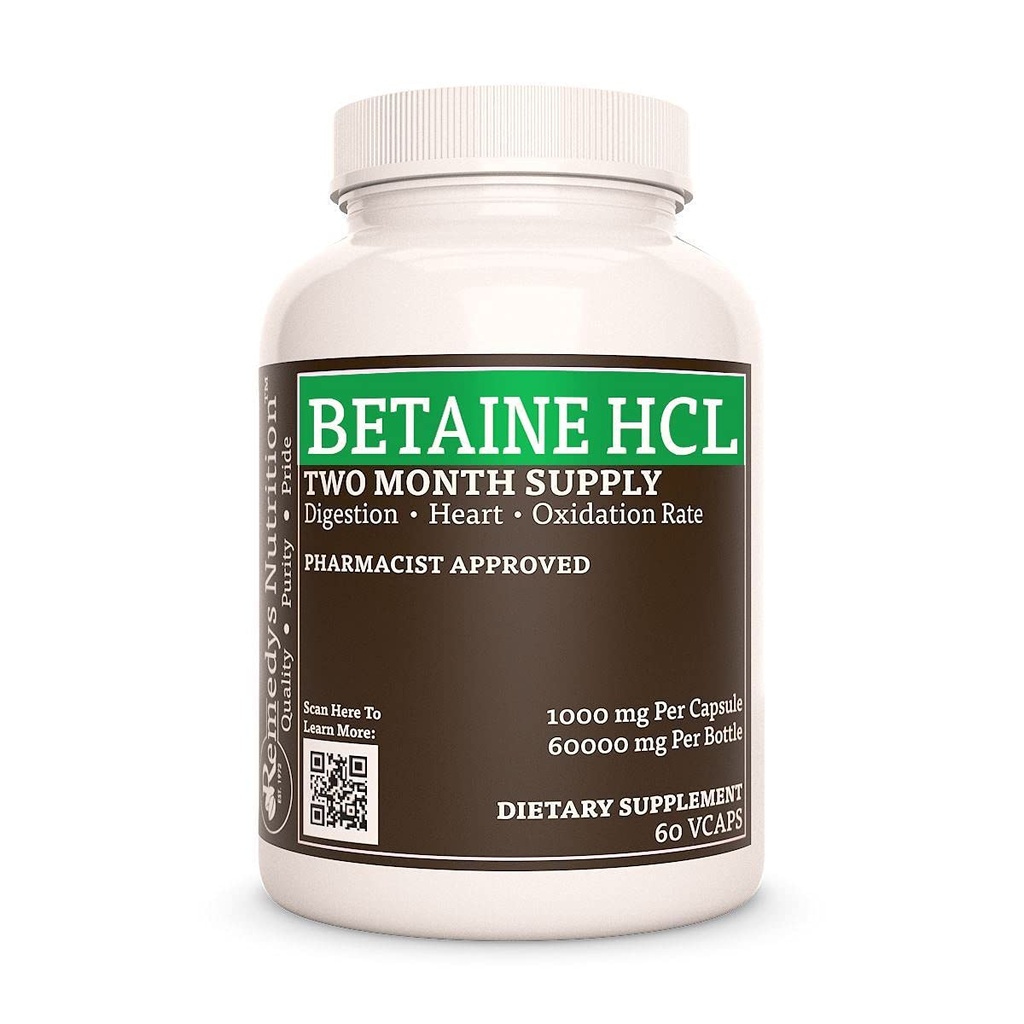 Remedy’s Nutrition Betaine HCL (Hydrochloride)  durable 1,000 mg, 60 Capsules Dietary Supplement ← Two Month Supply  Contiene Calcium Carbonate, Papain " Bromelain
