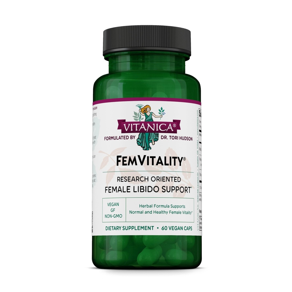 Vitanica FemVitality Libido Supplement for Women, Natural Female Libido Booster for Women, Incrementa la unidad íntima, el deseo y la resistencia, ayuda a la sequedad vaginal, Vegan 60 cápsulas