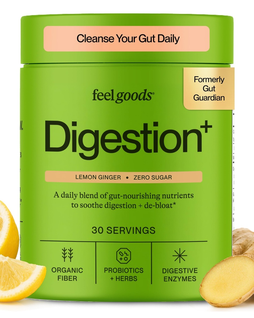 Feel Goods Gut Guardian, Fibra Orgánica, Pólvora Prebiótica, Libre de Azúcar, Herbs for Bloat, Gut Health Support, Salud Digestiva para Hombres &amp; Mujeres, No GMO, Vegan, Lemon Ginger, 30 Servimientos