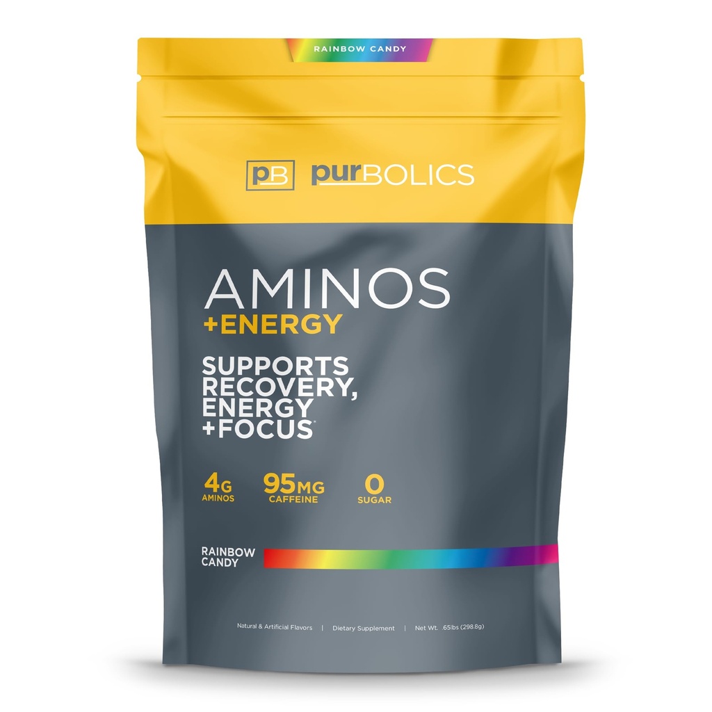 Purbolics Aminos + Energy ¦ apoya la recuperación, la energía y el foco  durable 95mg de Caffeine, 0 Azúcar & 60 servidos (Rainbow Candy)