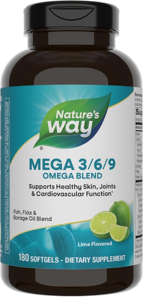 Camino de la Naturaleza Mega 3/6/9 Omega Blend, soporta la piel sana, las articulaciones, la función cardiovascular*, el pescado, el Flax, el aceite de borrado, 180 Lime Flavored Softgels (Packaging May Vary)