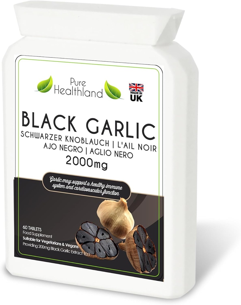 Suplemento de ajo negro sin gluten – High Potency Concentrated from Fresh Ajo Bulbs – Vegan &amp; Vegetarian Tablets – Made in UK (1 Bottle)