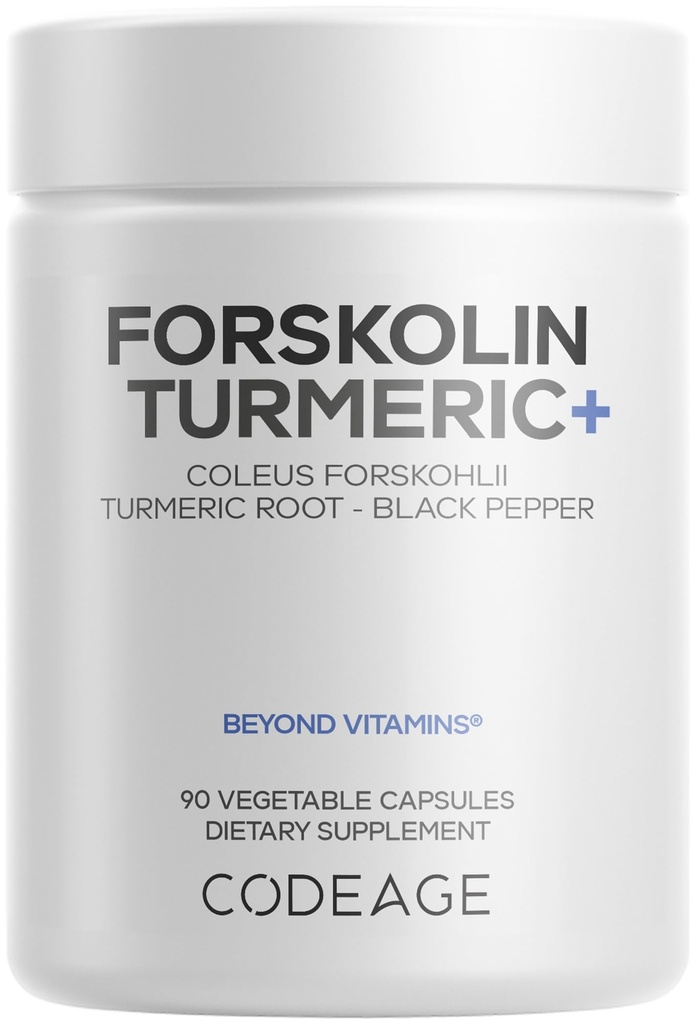 Codeage Forskolin, Pure Forskolin Coleus + Orgánica Turmeric Root Powder, 95% Curcuminoides + Bioperina Black Pepper - 20% Standardized Coleus Forskohlii Suplemento - Non-GMO - 90 cápsulas