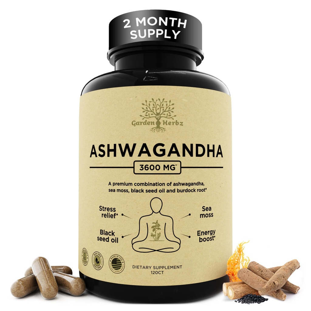 Organic Ashwagandha Root & Irish Sea Moss – 3.600 mg Ashwagandha Suplemento con Black Seed Oil, " Burdock Root – Herbal Supplement for Energy, Calm, Mood, " Wellness, 120 Caps