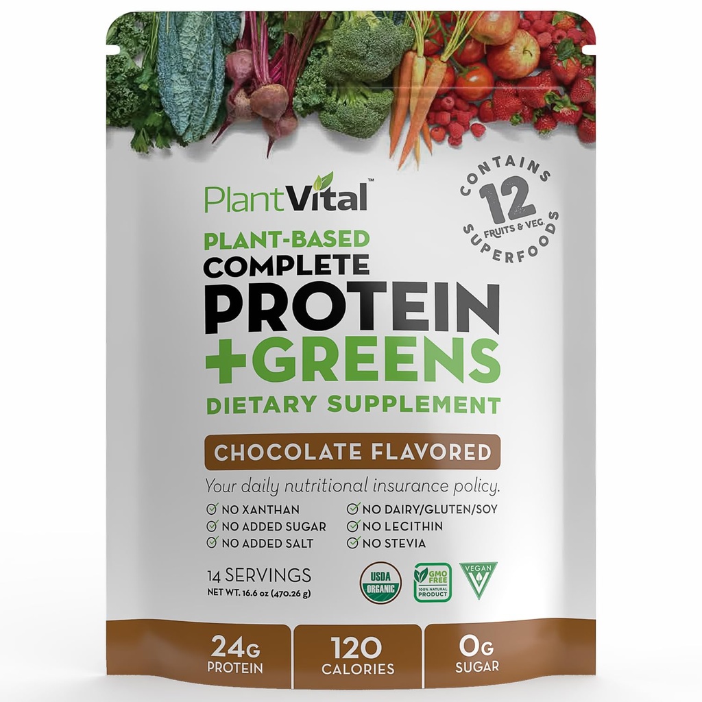 Planta de polvo vegetal vegano con base en polvo, Chocolate Proteína Orgánica 24g/0g Azúcar, 12 Superalimentos, Veggies, Probióticos, Cacao crudo, Kale, Beets, Spirulina, Pea, Libre de gluten, Keto-Friendly,16oz