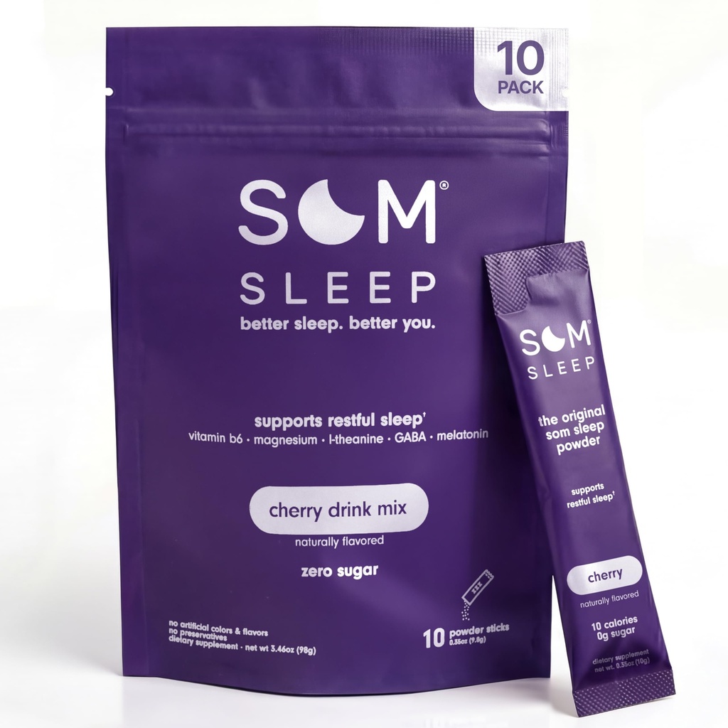 Som Sleep, Restful Sleep Powder Drink Mix w/Melatonin, Magnesium, Vitamina B6, L-Theanine & GABA – Vegan, Zero Sugar, Keto Friendly – Cherry, 10-Pack