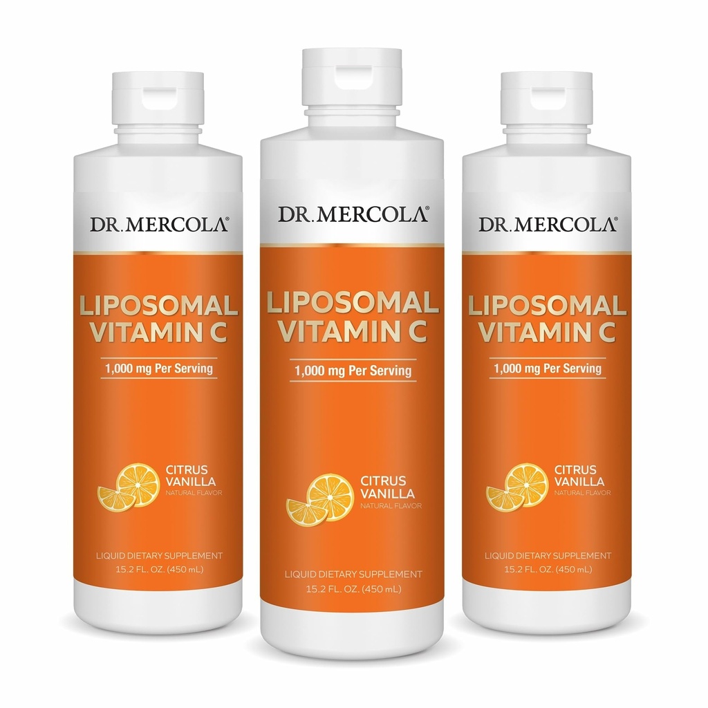 Dr. Mercola Liquid Liposomal Vitamina C - Antioxidante &amp; Immune Support Supplement - Incluye Vitamina E - GMO-Free, Gluten-Free &amp; Soy-Free - Citrus Vanilla Flavor - 450 mL (30 Servimientos) - 3 Pack