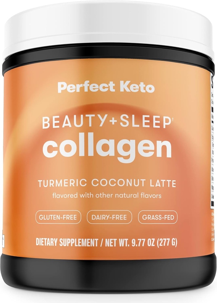 Perfect Keto Beauty + Sleep Grass Fed Collagen Peptides Protein Powder con Ashwagandha, Magnesium, Biotin, Acid hialurónico, L Theanine, Hair, Skin, Nails &amp; Relax Support, Turmeric Coconut Latte