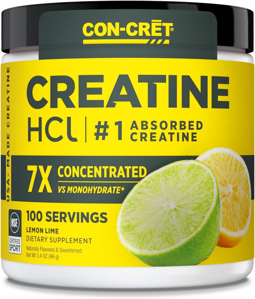 CON-CRET Creatine HCl Powder ← Muscle, Cognitive, Cellular Energy Support Silencio No Bloating or Cramps Silencio USA Made &amp; NSF Certified peru Lemon Lime (100 Serving)