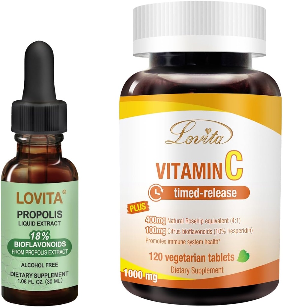Lovita Bee Propolis Liquid Extract &amp; Vitamina C Nutrient Suplementos Bundle