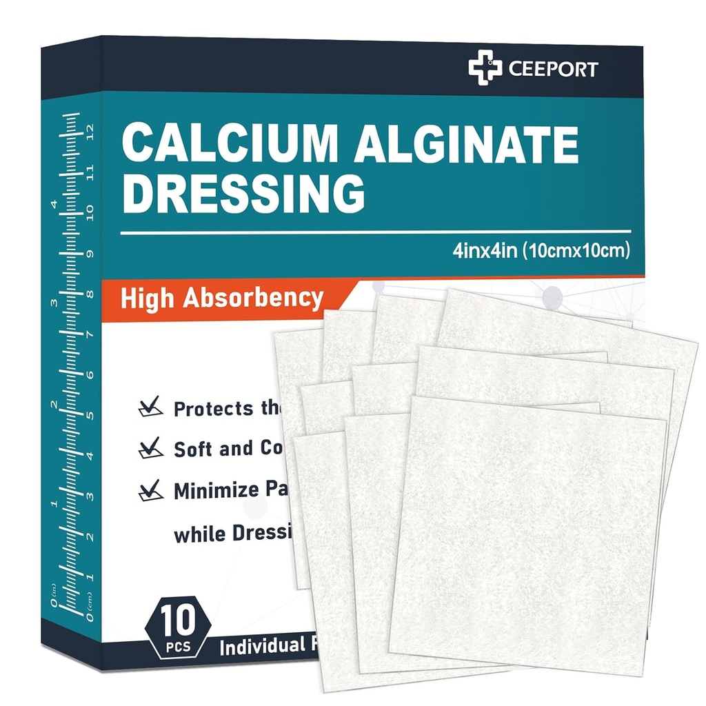 Calcium Alginate Wound Dressing Pads, 4'' x 4'' Patches [10 Individual Pack], High Absorbency Dressing, Soft Wound Care Products, Comfortable & Gentle and Non Stick Gauze Pads for Wound Care