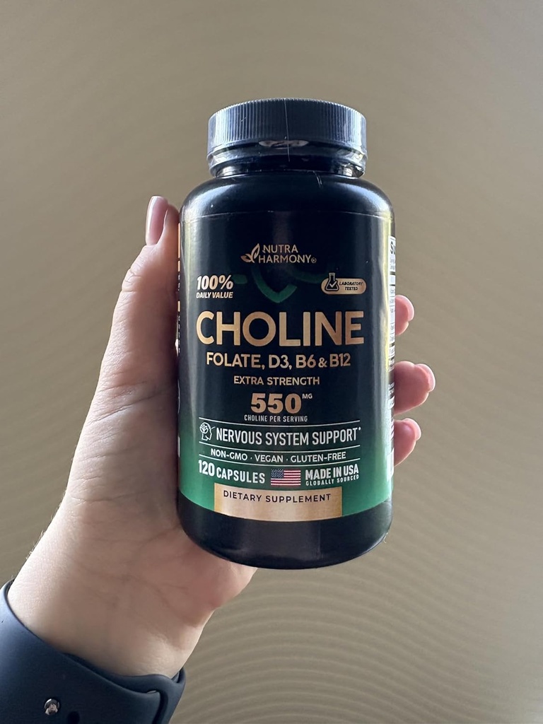 NUTRAHARMONY Suplemento de Choline - Bitartrate de Choline 100% Valor diario - Complejo de 5 en-1 con Folate, Vitaminas D3, B6 & B12 - Vegan, Non-GMO - 120 cápsulas