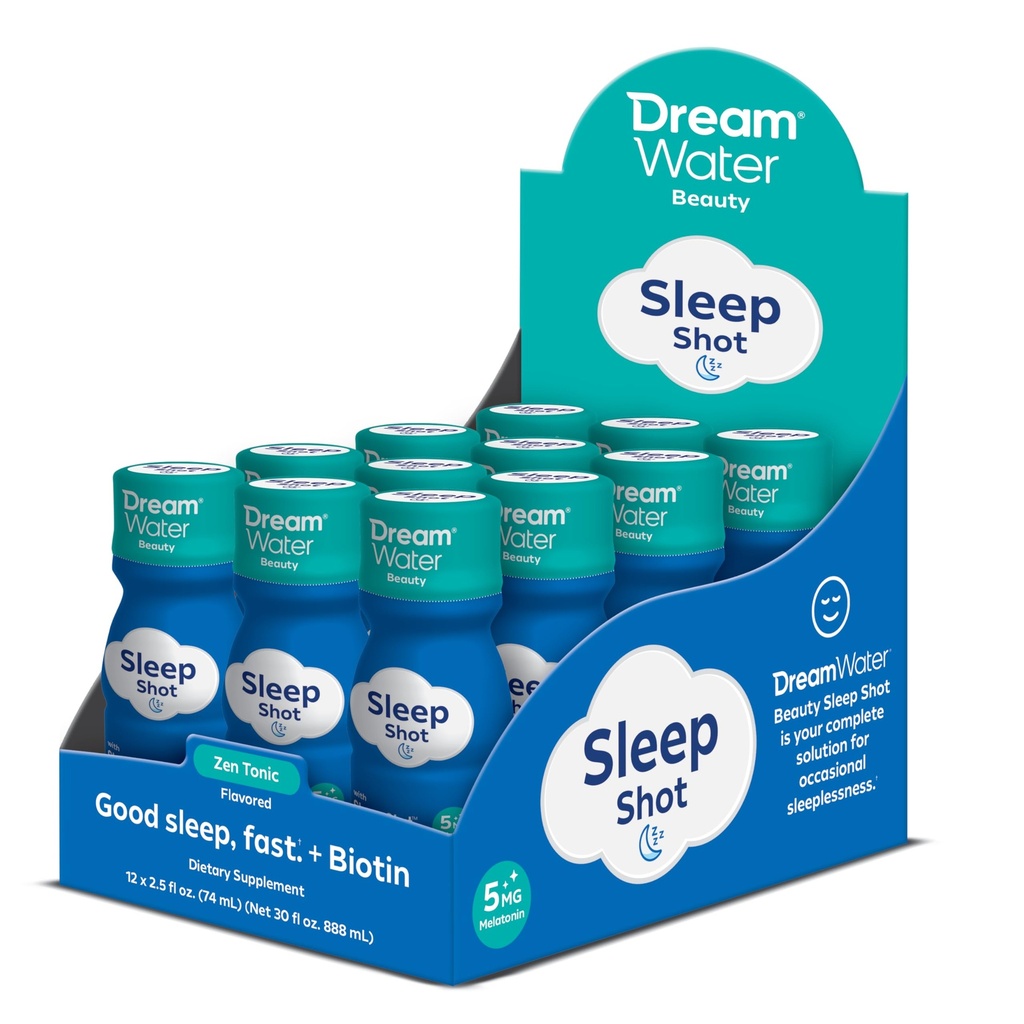 Dream Water Beauty Sleep Aid Drink Suplemento; Melatonin 5mg, GABA, 5-HTP, Plus Biotin for Healthy Skin, Hair and Nails; 2.5 oz Liquid Sleep Shots, Zen Tonic 12-Count