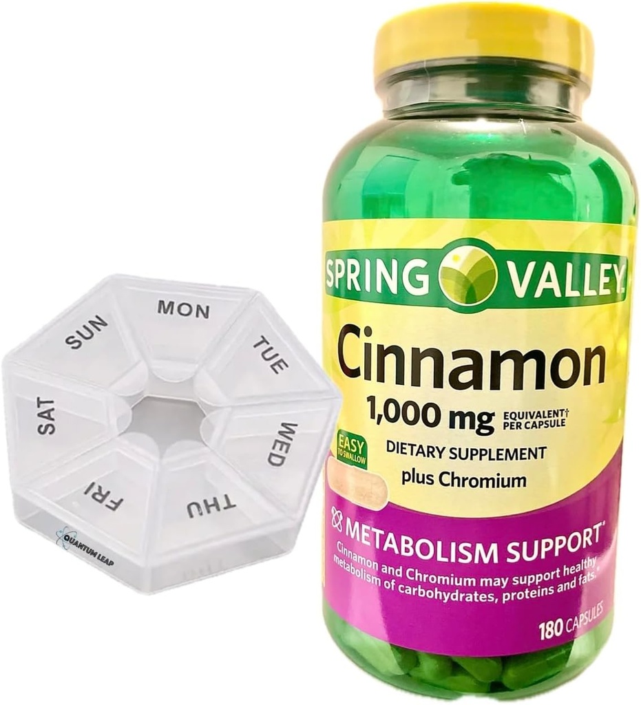 Organizador semanal de píldoras, Incluye un canela de Spring Valley 1.000 mg, Suplemento dietético, 180 cápsulas.