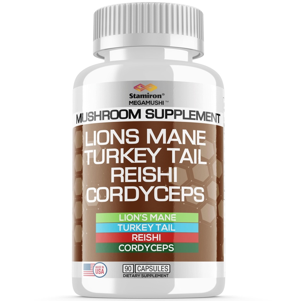 Stamiron Lions Mane Suplemento Turquía Tail Mushroom Capsules con Cordyceps Extracto &amp; Reishi Mushrooms - Alt a Mushroom Gummies, Mushroom Powder, Café de hongos - 90 Condes