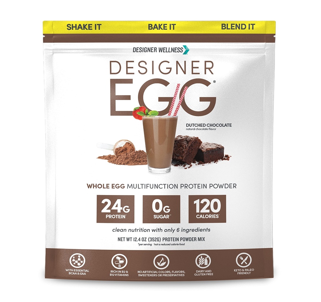 Designer Wellness, Designer Egg, Natural Egg Yolk &amp; White Protein Powder, Keto y Paleo Friendly, Low Calorie, Less Fat y Cholesterol, Dutch Chocolate, 12.4 Ounce
