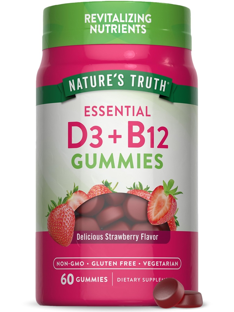 Verdad de la naturaleza Vitamina D3 y B12 Gummies for Adults ← 60 Conteo Silencio Fresa Sabor Silencio Vegetariano, No GMO &amp; Gluten Suplemento Gratis