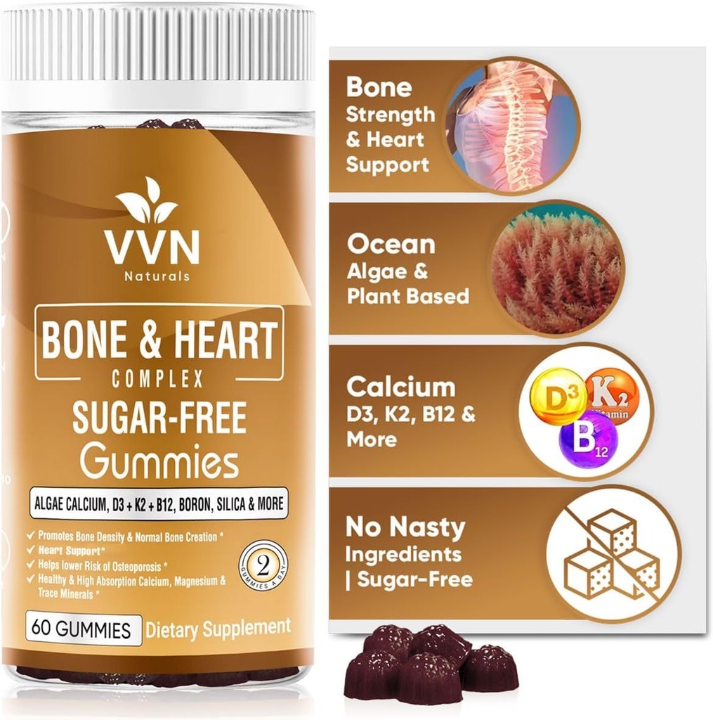 Gaviota de calcio Gummies K2 Suplemento de vitamina con MK-7 " Vitamina D3, Magnesio " 13 Trace Minerals, Apoyo a la Densidad de los Huesos ¦ Plant Based " B12 - Bone & Heart Complex, 60 ct.