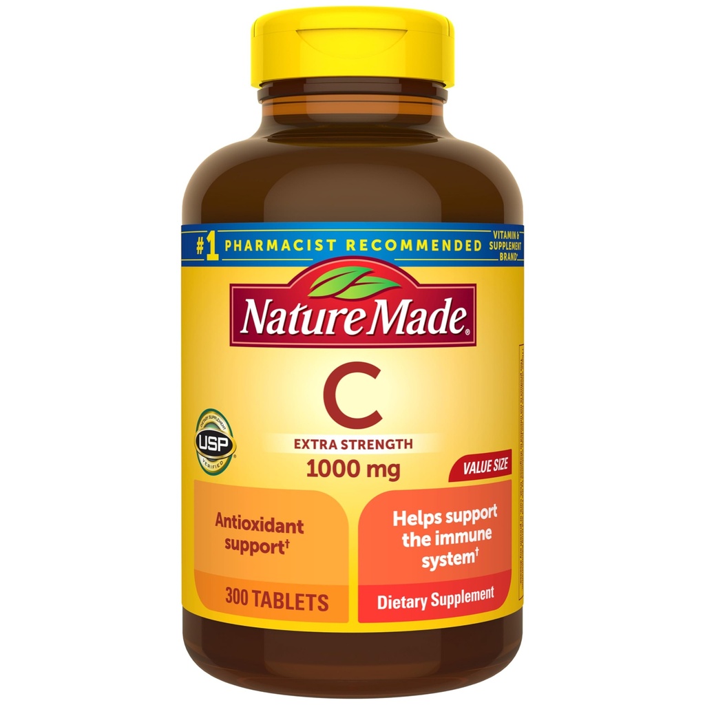 Nature Made Extra Strength Vitamin C 1000 mg, Suplemento dietético para soporte de inmuno, 300 Tabletas, 300 Day Supply