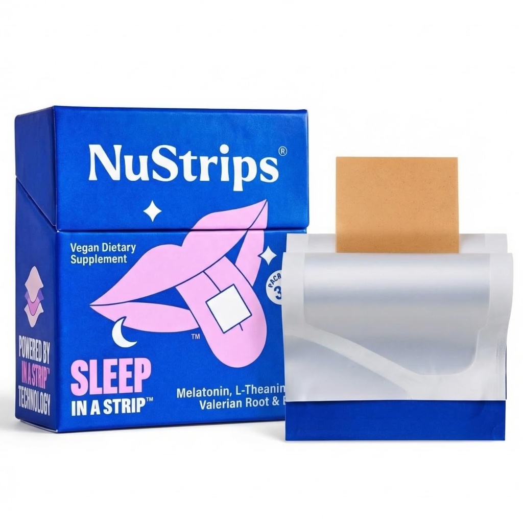 NuStripsTM Fast-Dissolving Sleep Strips with 5mg Melatonin, Valerian Root, L-Theanine & Vitamin B6 – Blueberry Flavor - Natural Sleep Aid, Vegan, Non-GMO, Gluten Free – Fall Asleep Fast (30 Strips)