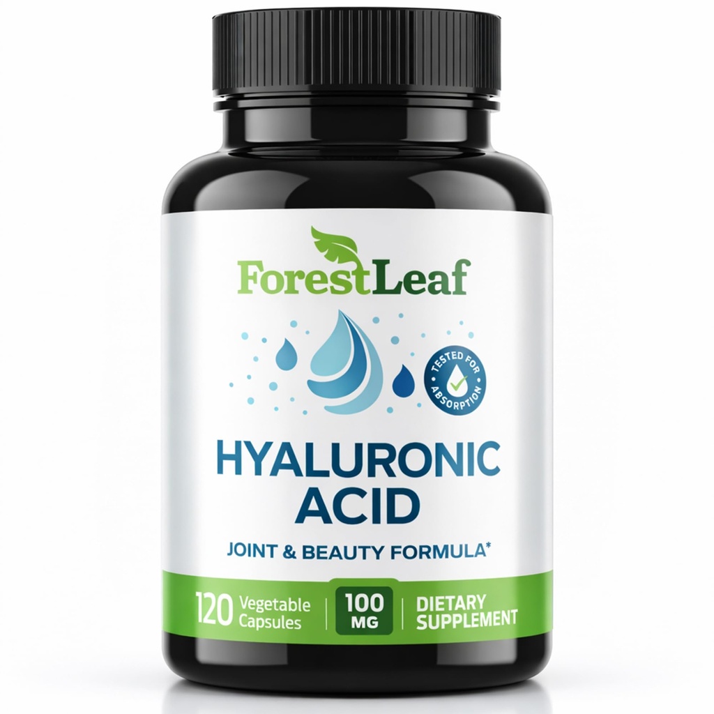 ForestLeaf Hyaluronic Acid Suplementos ← 100mg High Bioavailable Dietary Hyaluronic Acid Powder Capsules + 50mg VIT C ← Soporta la hidratación de la piel, la lubricación conjunta, Anti-Aging, Pelo &amp; Nails Ø 120 Caps