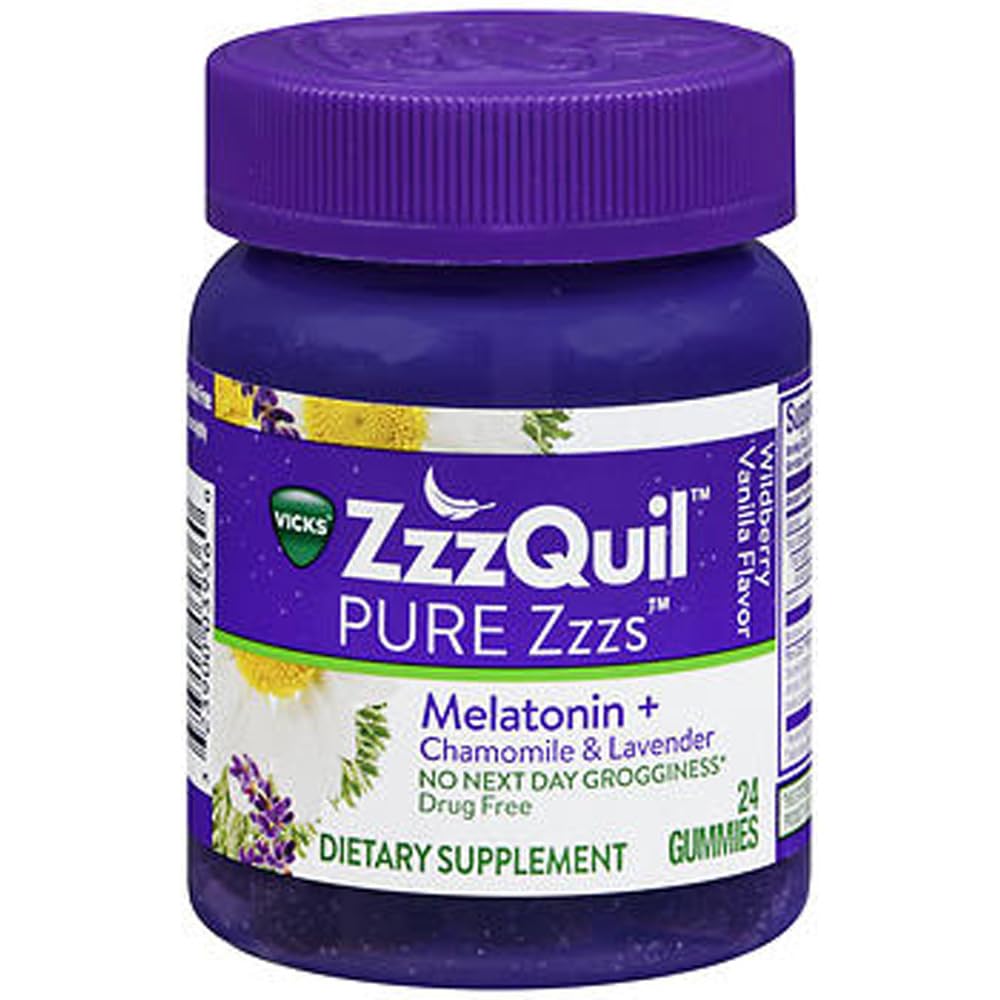 ZzzQuil Pure Zzzs Melatonin Gummies, Sleep Aid, Melatonin 2mg, with Chamomile & Lavender, Melatonin Sleep Gummies, Sleep Aids for Adults, Wildberry Vanilla Flavored, 24 Sleep Gummies
