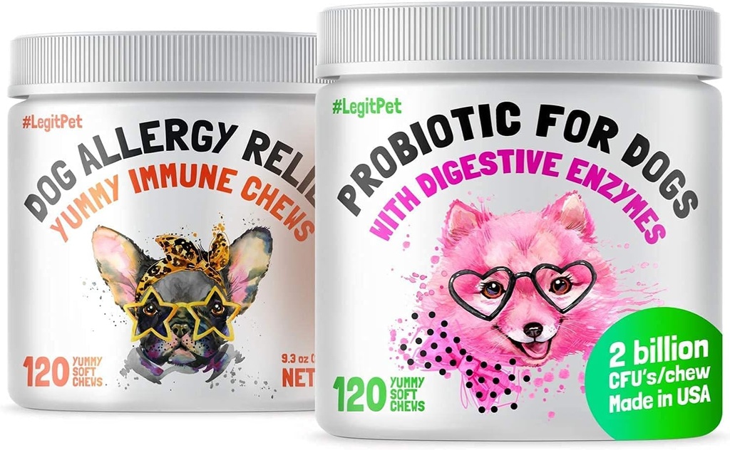LEGITPET Alivio de la alergia Mandíbula para perros &amp; Immune Soporte con Kelp, Colostrum &amp; Bee Pollen 120 Mandíbulas suaves y probióticos para perros con enzimas digestivas naturales 120 Soft Chews Bundle - Made in USA