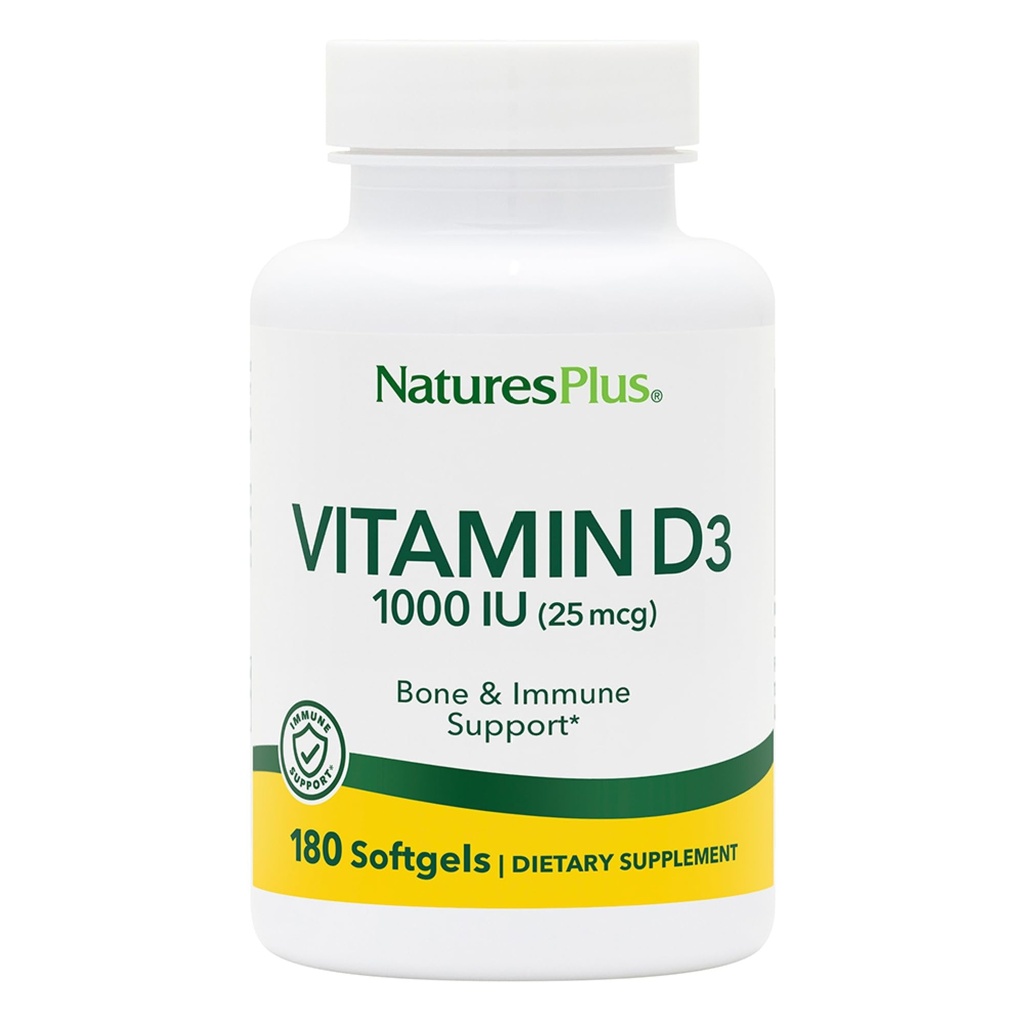 Natures Plus Vitamina D3 (Cholecalciferol) - 1000 iu, 180 Softgels - Soporte nutricional para huesos saludables &amp; soporte de sistema inmunitario - Forma activa biodisponible - Sin gluten - 180 Servimientos