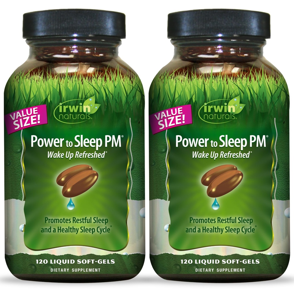 Irwin Naturals Power to Sleep PM - 120 Liquid Soft-Gels, Pack of 2 - with Melatonin, GABA, Ashwagandha, Valerian Root &amp; L-Theanine - 120 Total Servings