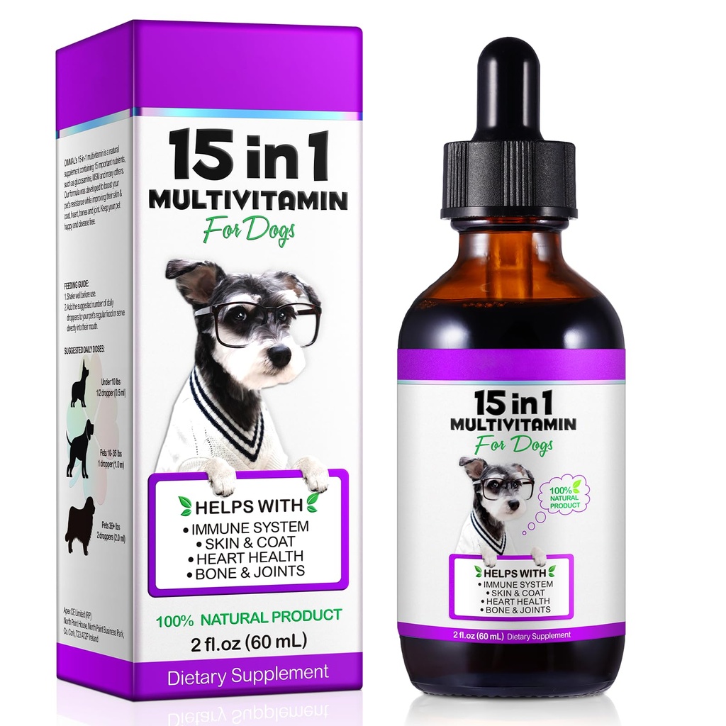 Multivitamina de perros líquido - 15 en 1 Vitaminas de perros Multivitamínico, Esquí de apoyo " Carne, Corazón, Huesos y Salud Conjunta, Vitaminas y Suplementos de mascotas (2 Fl Oz)